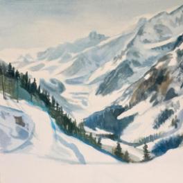 "Una giornata di sci in Val Veny"Acquerello 30 x 30 cm ,2018